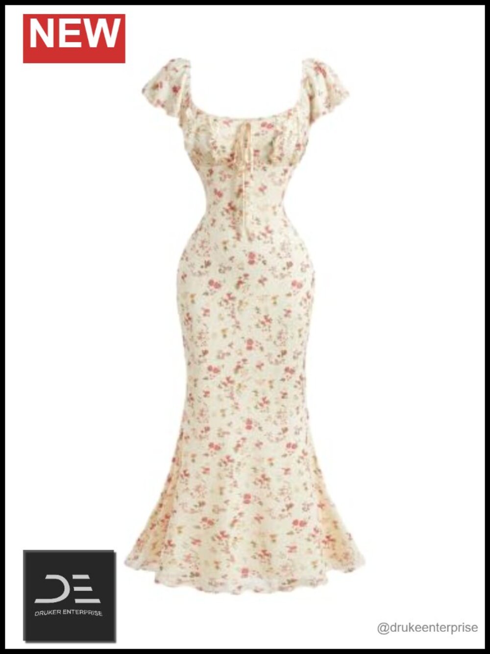 Floral Long Dress Square Neck Cap Sleeve Bow Tie Front Frill Slim Fit